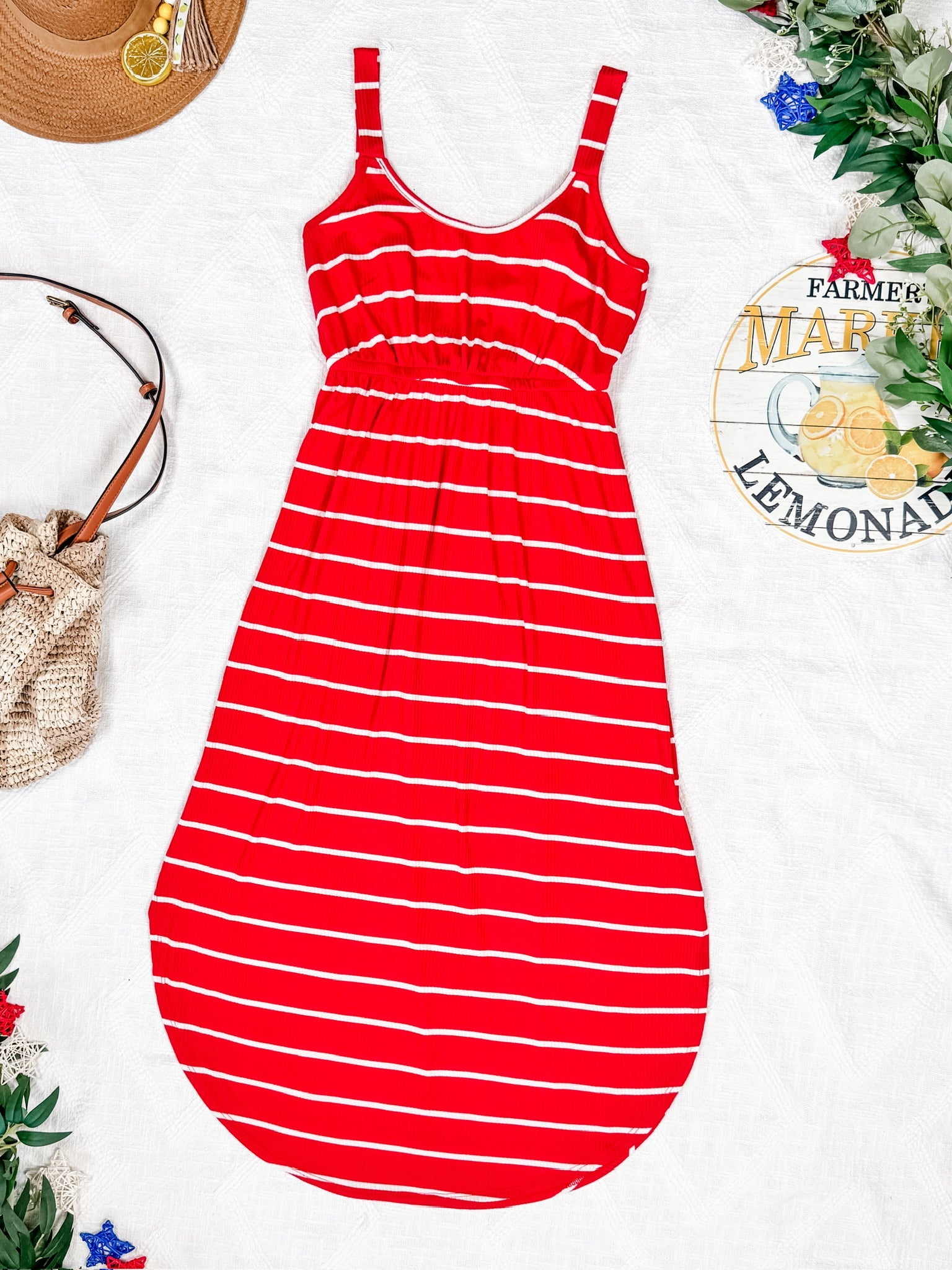 Reagan Ribbed Midi Dress - Red Stripes